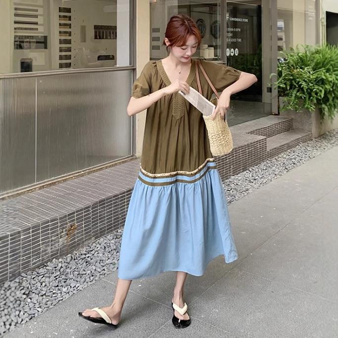 法式设感计撞色恤拼领连接衣裙女夏新款慵懒B297-160风宽松遮肉长