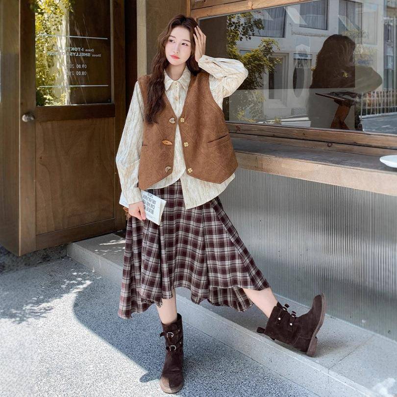 小个子气不规则套装裙女洋B089-671225秋0季新款马衬衫格子半身裙