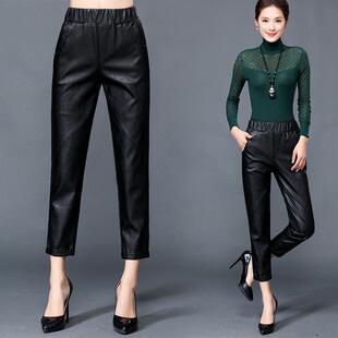 羊子潮 宽松中年休闲显瘦直九筒分裤 秋冬绵皮哈11877伦皮裤 女装