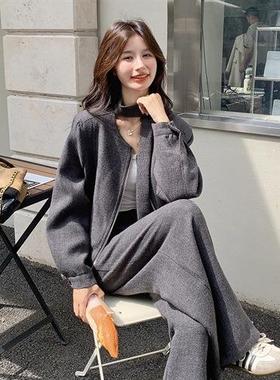 深灰色装炸街时尚套女秋205新韩版设2计感夹克直B276-253筒阔腿裤