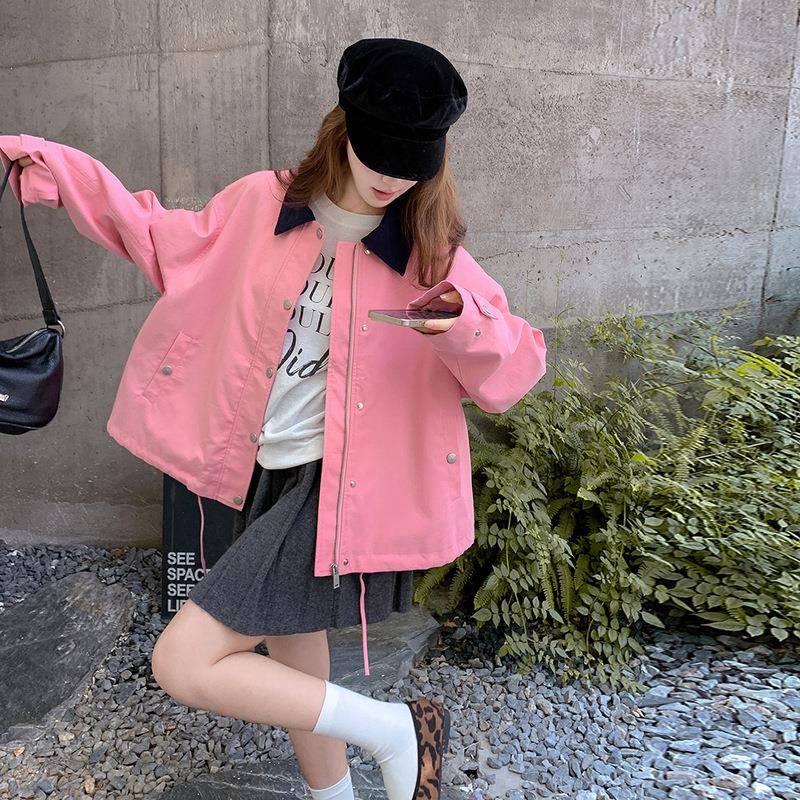 粉色韩工装短外套女2025秋季超好看盐甜系宽松抽绳系撞D008-D50翻