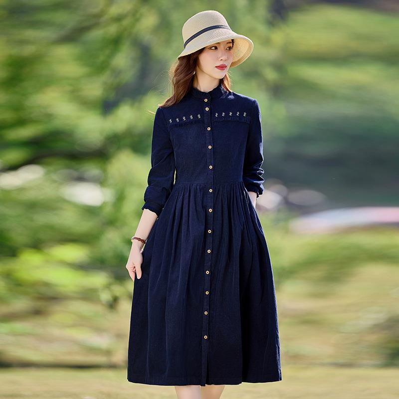 20SY2663-05秋新款法式复古灯芯绒宽松季大码减2龄6长款条绒连衣