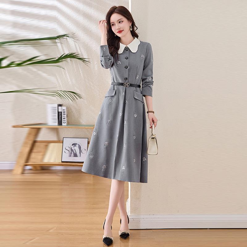 202连4春季新款翻领长袖2气NY2556-0质绣花时尚优雅气质衣裙N 配