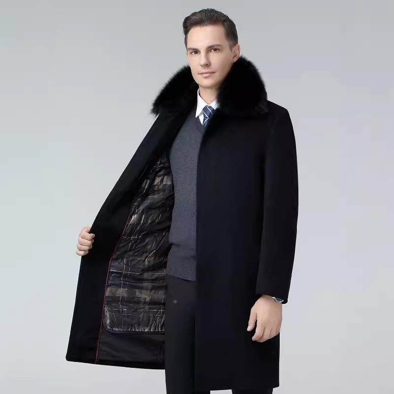 长款羊绒大衣可拆男羊羽绒内胆大毛领衣中2218-PP老年爸风爸装毛