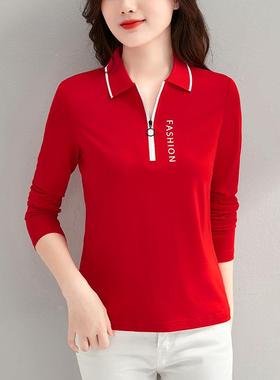 长袖T女纯棉202358-626年新款秋季翻恤p底olo衫中年妈领妈宽松显