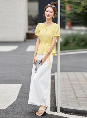 2套装2025夏YF2579-0季新款女装7腰带短袖衬衫搭配白色休闲裤子F