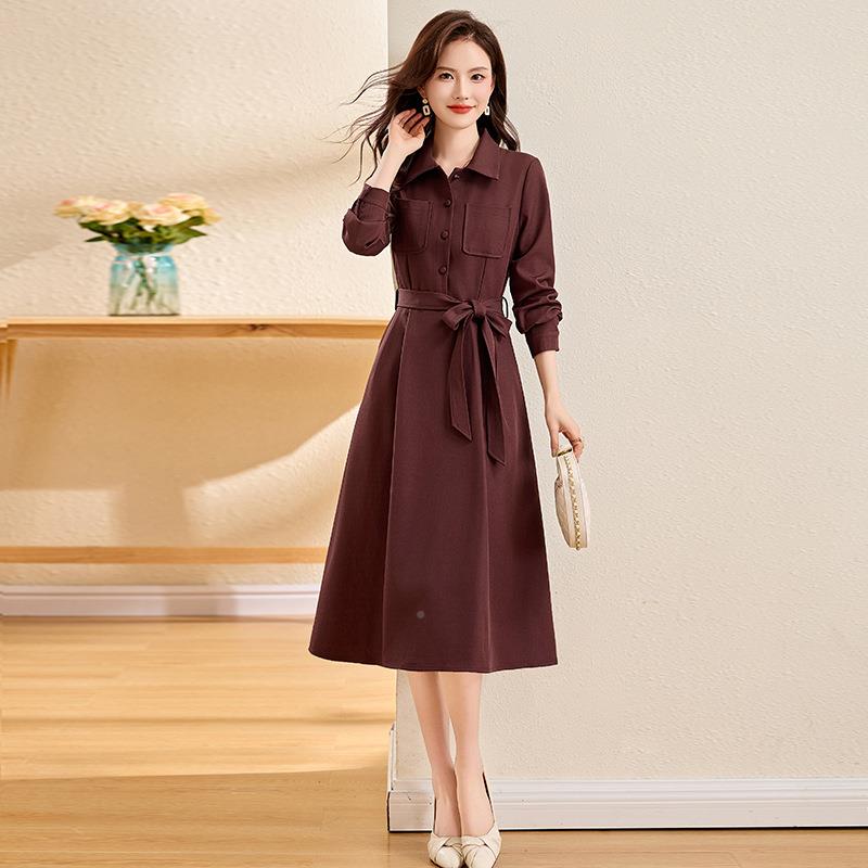 20长2SW1872-05春秋季新款女装袖腰系显瘦气质时尚长款带连衣裙 S