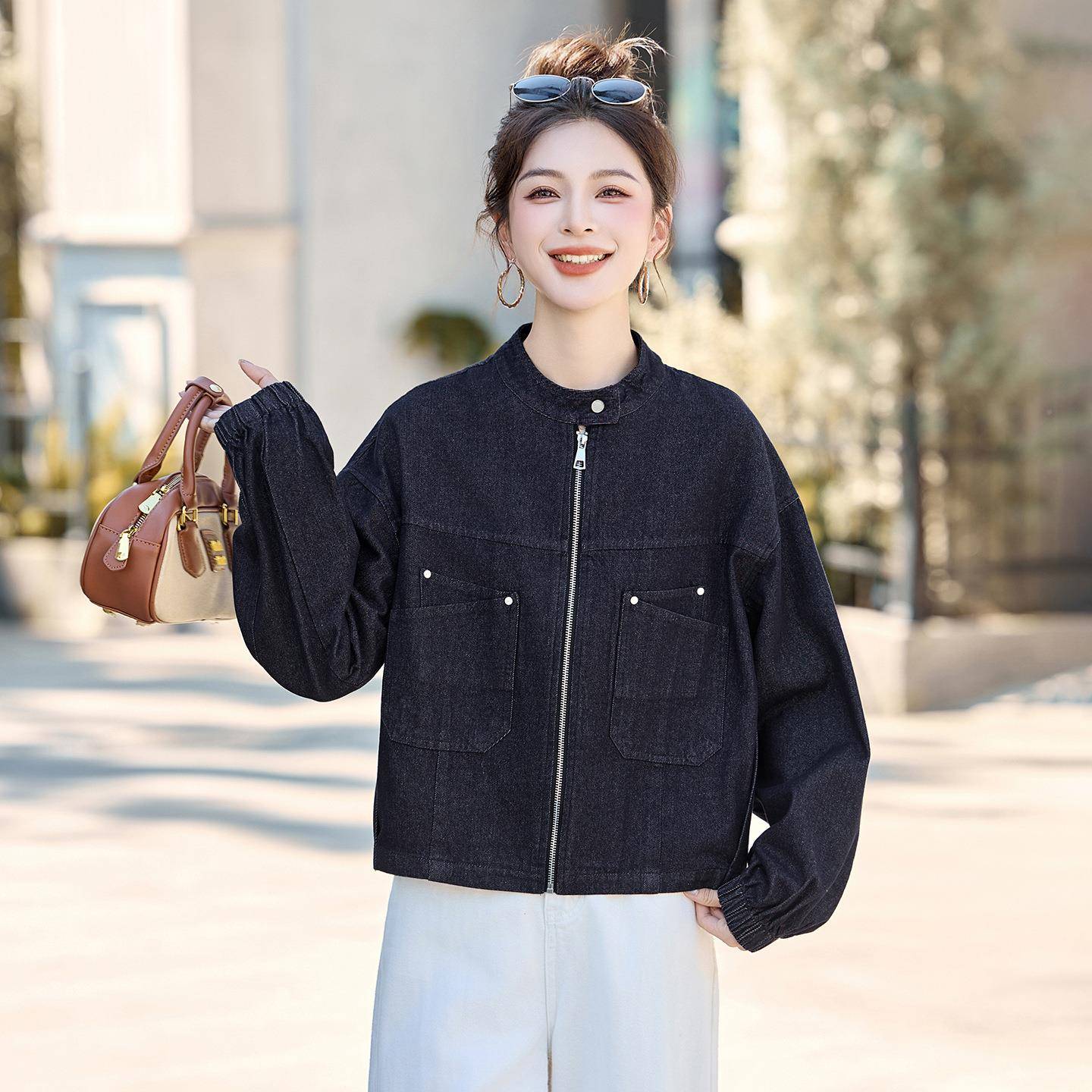 2外02秋季新款女装洋气5时MU8083-0髦百搭立上衣牛仔宽松休闲套 M