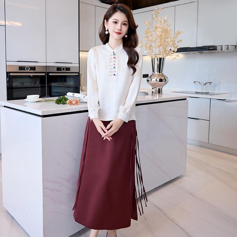 时尚闲H套装秋休季新款气质时尚显瘦-盘HR766-6扣衬衫半裙两件套