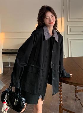 黑色纹b163-913拼接工装套女春秋025新2款韩系设计格感小个子装短