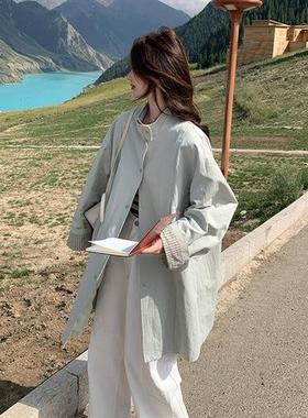 浅0灰色2条纹撞色立领风单衣外B301-253套女25早春秋韩系排扣宽松