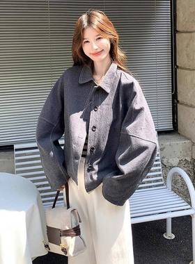 灰色外套女C201-885松秋2025新季款韩系设计感宽百搭条纹口拼接袖