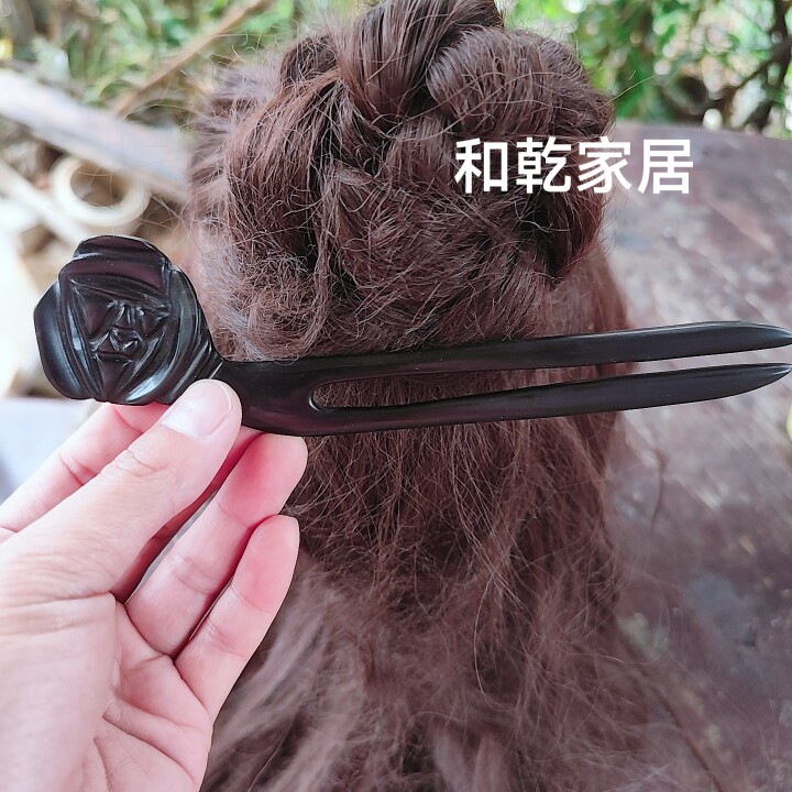 和乾牛角黑玫瑰U型定制发饰手工发叉簪子简约时尚甜美花双叉发簪