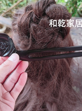 和乾牛角黑玫瑰U型定制发饰手工发叉簪子简约时尚甜美花双叉发簪