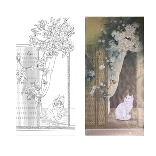 国画工笔画打印白描底稿竖幅花和猫初学者临摹勾线过稿上色练习