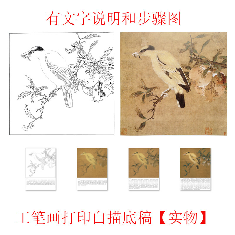 工笔画打印底稿宋画毛益榴枝黄鸟图临摹初学者线描宣纸过稿素材
