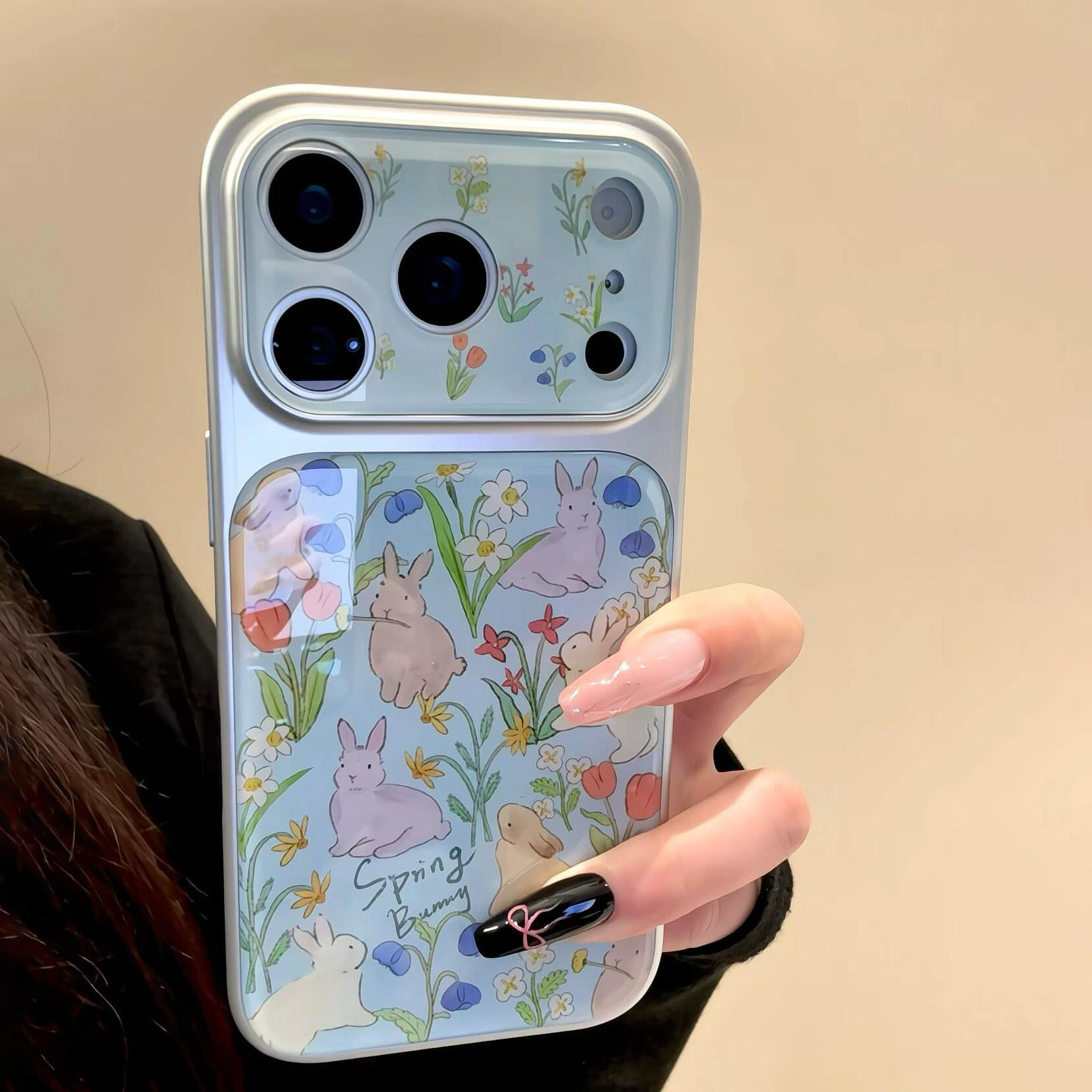 ins韩系春日油画小兔适用于苹果16/17promax一体式相机按键iPhone15pro手机壳女款14全包防摔大视窗13保护套