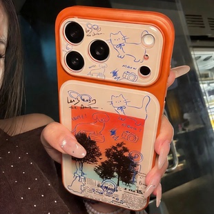 落日报纸蓝线条猫咪小狗适用苹果16 14全包防摔大视窗13保护套 17promax韩系ins风iPhone15pro手机壳创意女款