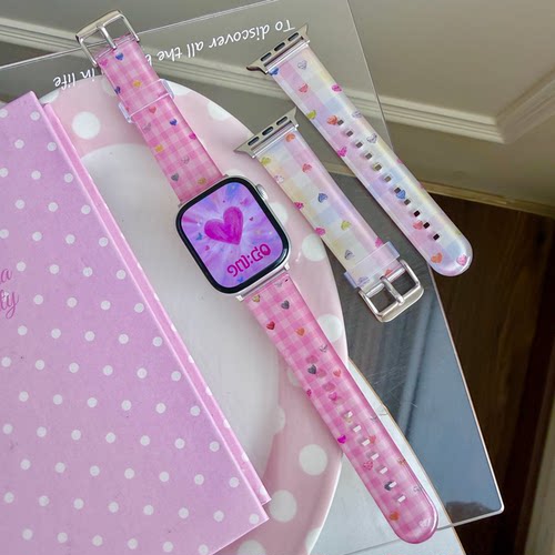 【格纹爱心】适用iwatchS11硅胶表带华为Fit4/3卡通小米S10Pro女