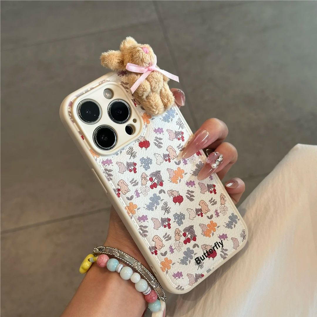 碎花立体蝴蝶结兔子手机壳适用iPhone17/16promax仿皮革华为Pura80小众Mate70全包小米14/15少女心软壳保护套