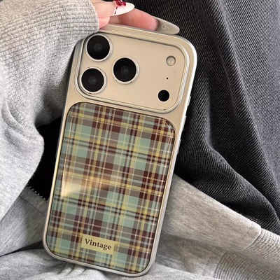 韩系复古蓝格纹滴胶手机壳