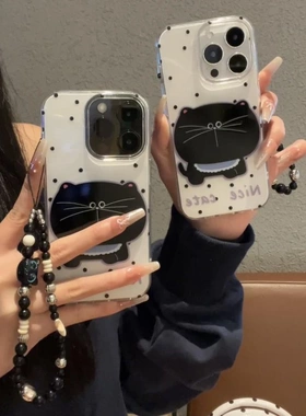 围脖波点黑猫适用iPhone17/16promax手机壳imd小众苹果15/14/13/12pro高级感pura80小清新华为Mate60/70软壳