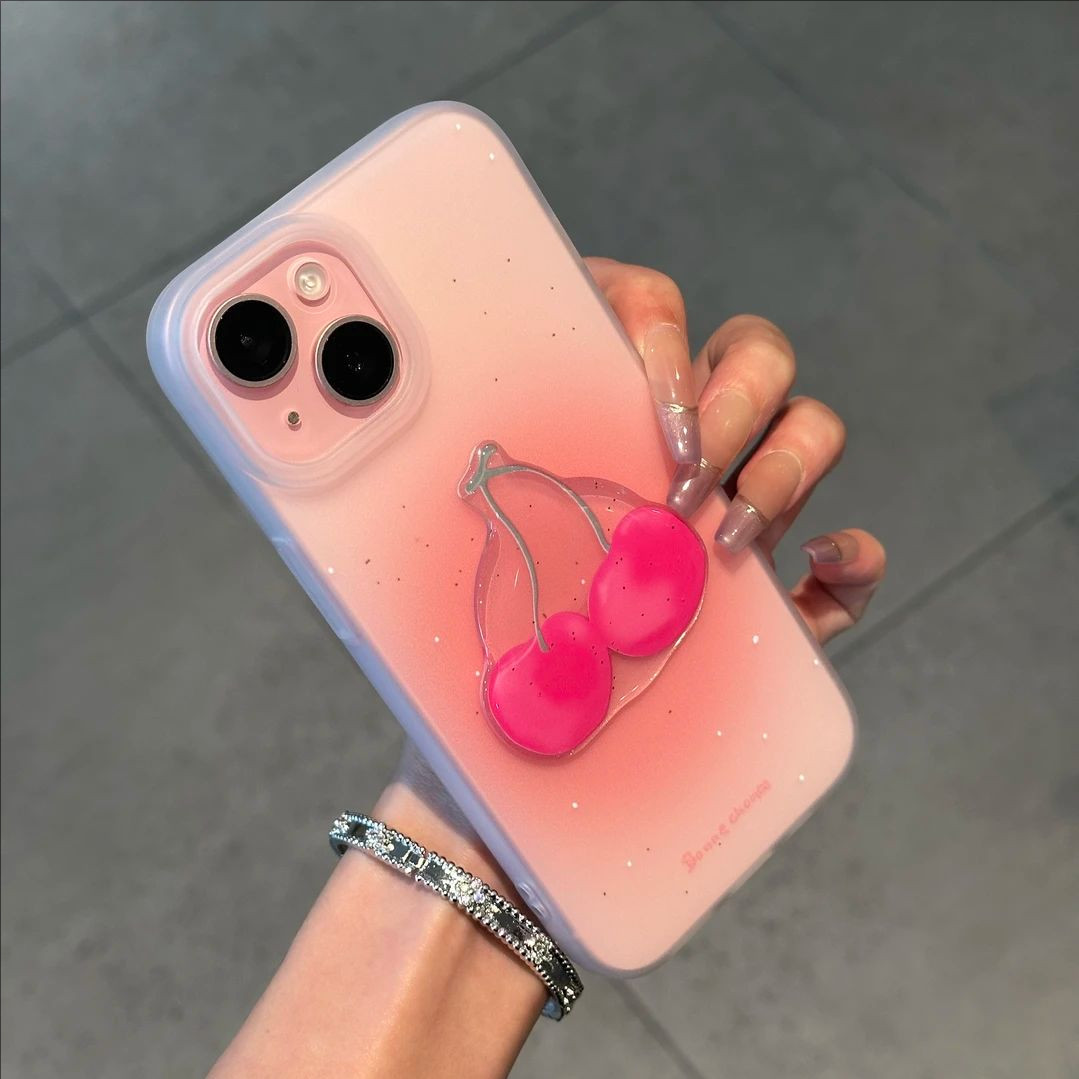 亲肤磨砂半透粉樱桃贴件手机壳