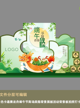 绿色卡通赛龙舟端午节商场美陈背景展板活动背景板拍照打卡点cdr