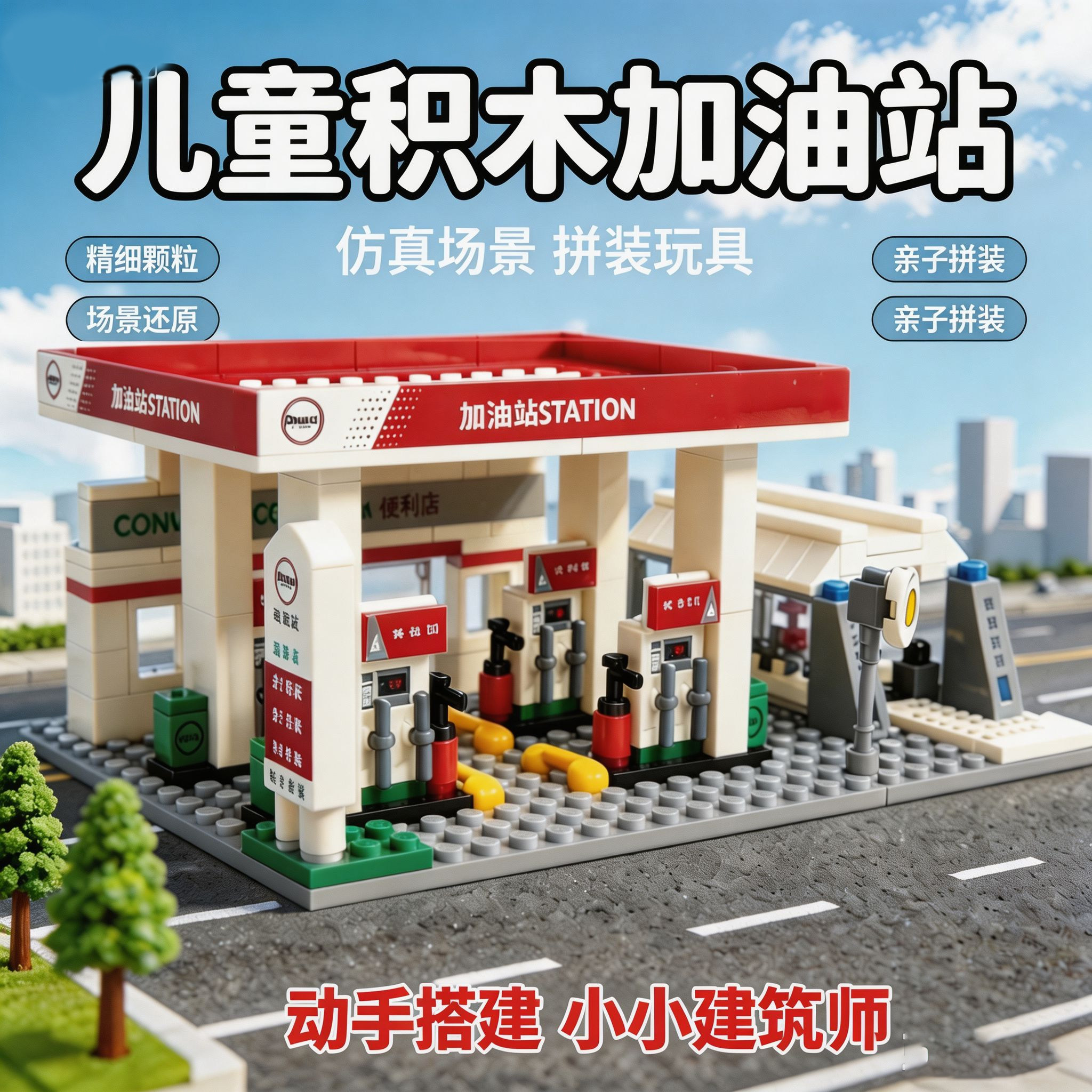 仿真城市加油站街景拼装积木