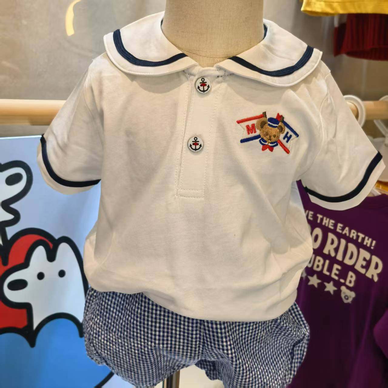 日系潮牌男女儿童上衣 幼儿园海军领小熊白色纯棉T恤衬衣衬衫短袖,童装/婴儿装/亲子装,T恤,淘宝优惠券,粉丝福利购,淘宝优惠卷