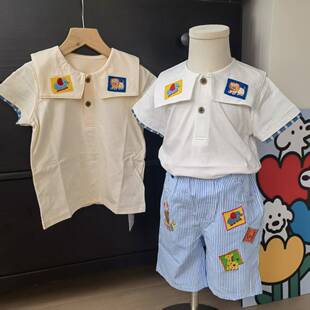 miki男女儿童小熊字母领短袖内搭衬衣宝宝夏季可爱动物园纯棉衬衫
