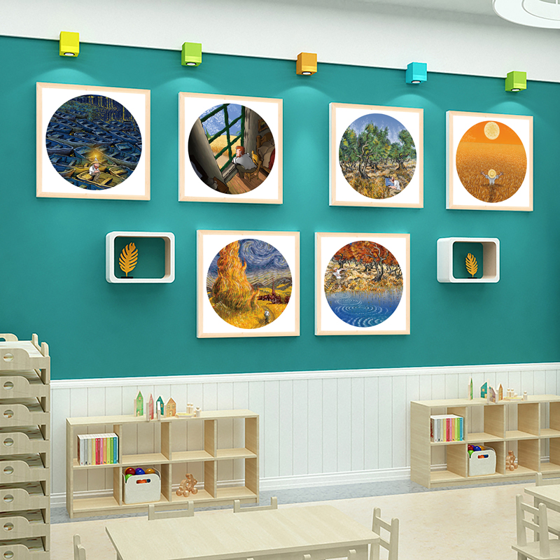 幼儿园蒙氏教室装饰梵高名画插画油画赏析楼梯画室3d立体墙贴挂画图片