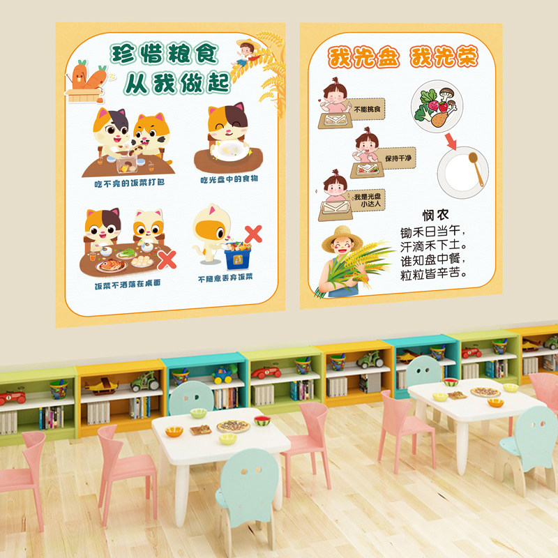 幼儿园珍惜节约粮食光盘行动主题环创文明用餐餐桌礼仪流程墙贴画