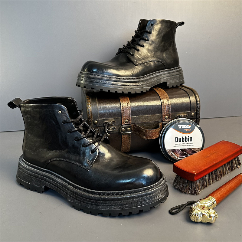 马丁靴男纯皮2024马皮手工中帮皮靴增高工装靴高端复古休闲机车靴