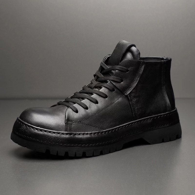 真皮马丁靴男款冬季加绒软皮英伦风黑色机车靴厚底中帮复古短靴男