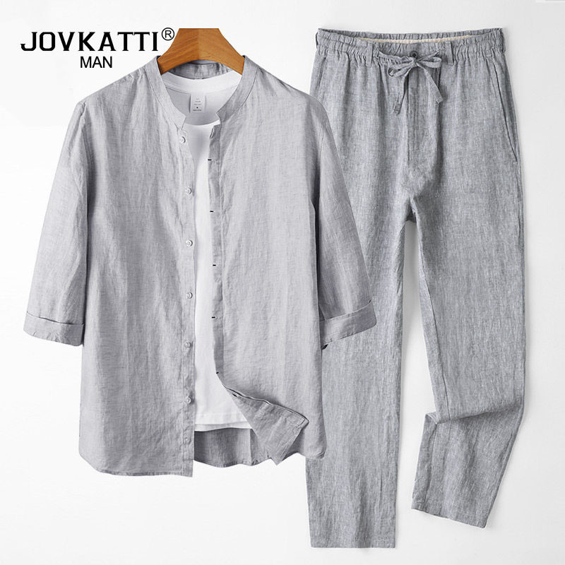 JOVKATTI亚麻套装男春夏薄款宽松休闲中年男士七分袖衬衫两件套潮