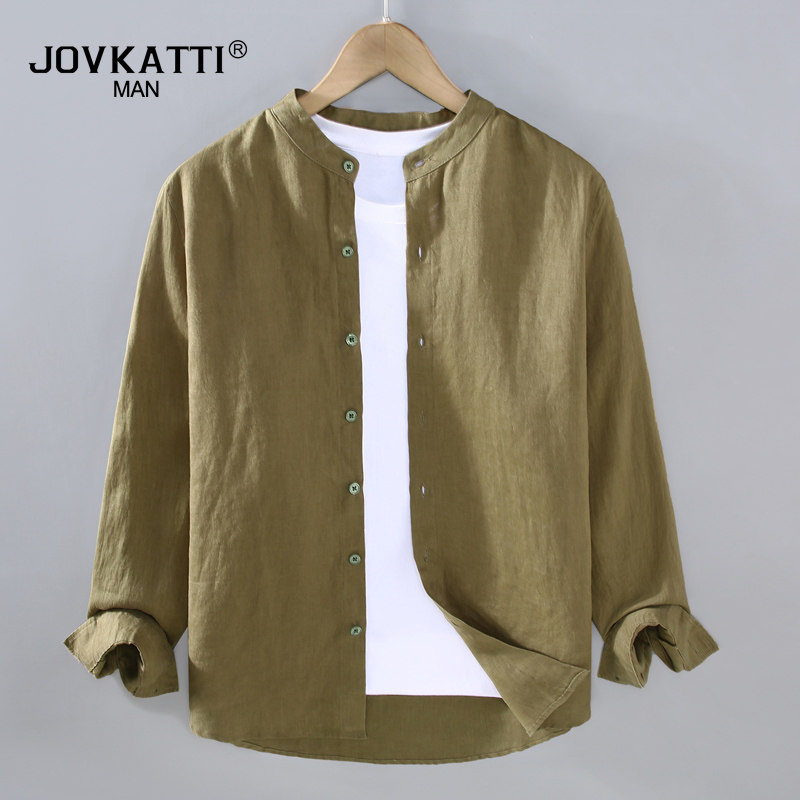 JOVKATTI中式立领亚麻衬衫男长袖休闲复古衬衣春秋季防晒男士外套