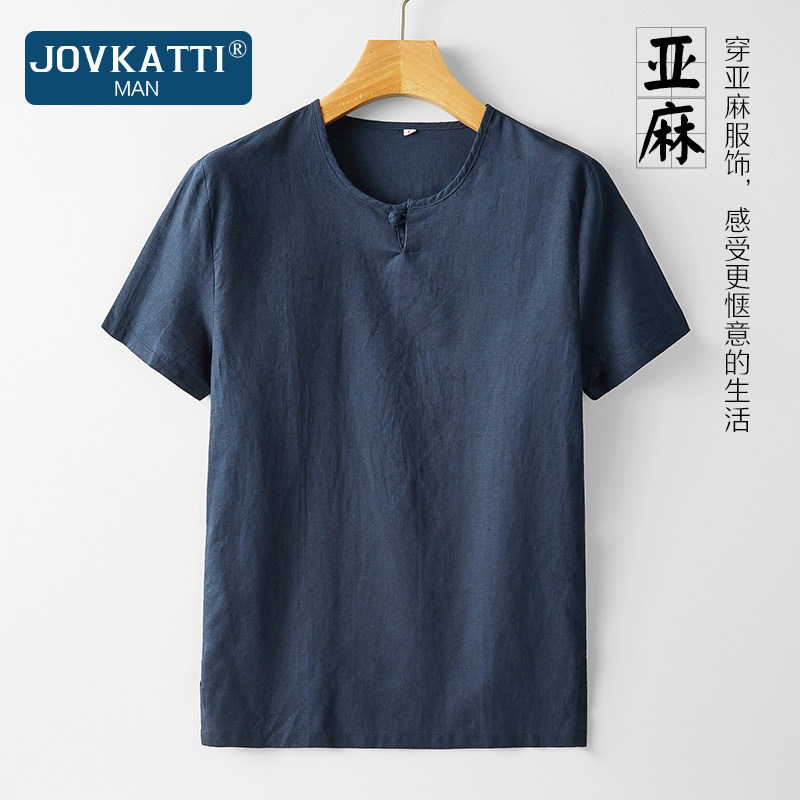 JOVKATTI品牌亚麻短袖T恤男夏季薄款中国风复古宽松休闲男装上衣