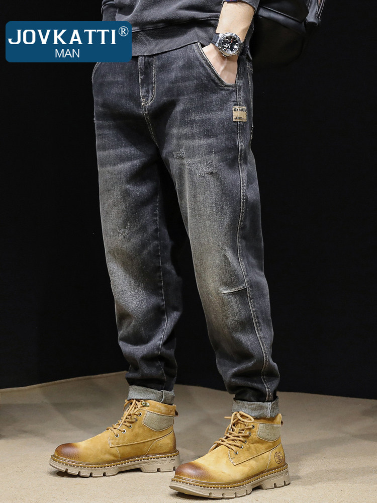 JOVKATTI加绒裤子男秋冬新款宽松直筒休闲男士大码黑色弹力牛仔裤