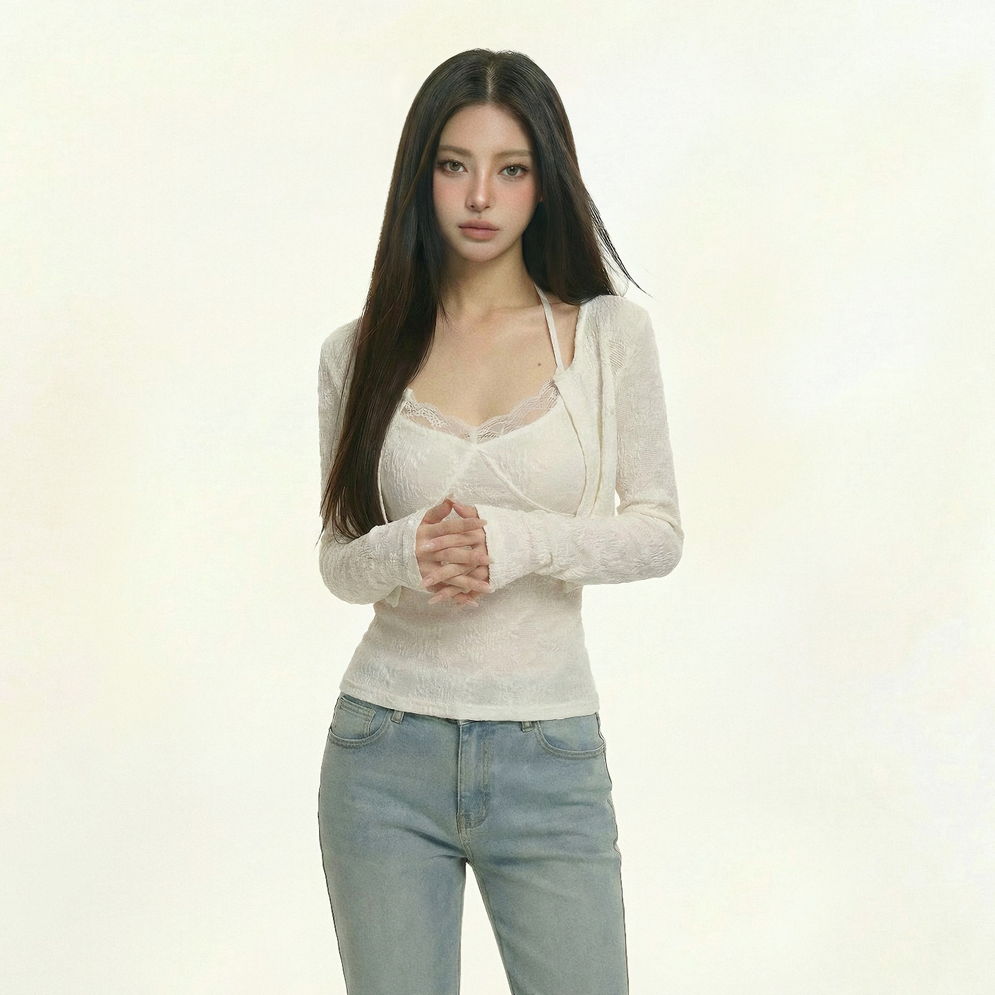 春季温柔韩系风蕾丝拼接长袖T恤女纯色打底衫上衣+挂脖背心两件套