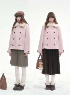 粉色信件 韩系甜美可拆毛领双排扣夹棉毛呢外套2025简约气质大衣