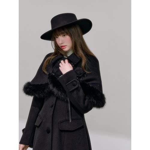 千金风毛绒斗篷收腰中长呢大衣