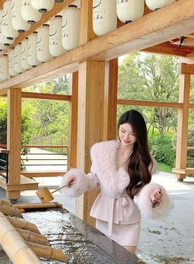 法式气质名媛风套装裙女秋冬新款系带大毛领呢子外套+半裙两件套