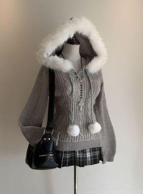 薄雾冬日 冬季新款日系古早奈奈风毛领连帽毛衣外套格纹半裙套装
