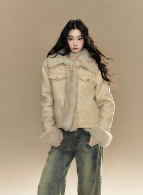 美拉德复古保暖短款外套女秋冬季新款设计感小众皮毛一体夹克上衣