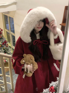 新年战袍高级感气质圣诞红色大衣小个子中长款连帽毛呢外套女秋冬