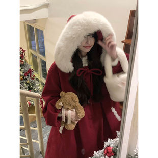 新年战袍高级感气质圣诞红色大衣小个子中长款连帽毛呢外套女秋冬