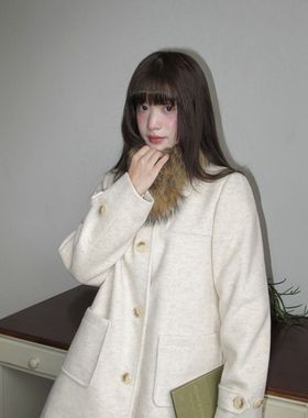 高级感复古燕麦色翻领毛呢外套女冬季新款气质宽松中长款呢子大衣