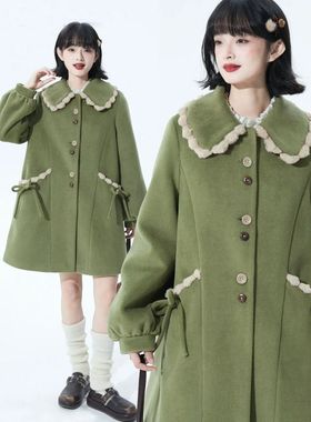 【茉香青提】冬季小个子甜美蝴蝶结复古森女娃娃领中长款大衣外套