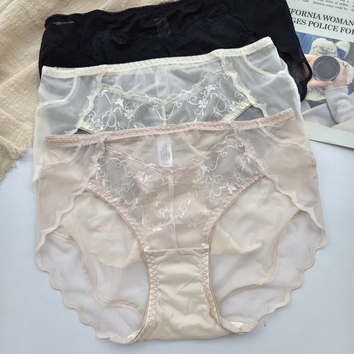 3条装魅丽翘2512内裤女性感透明网纱蕾丝纯欲诱惑三角裤中腰无痕